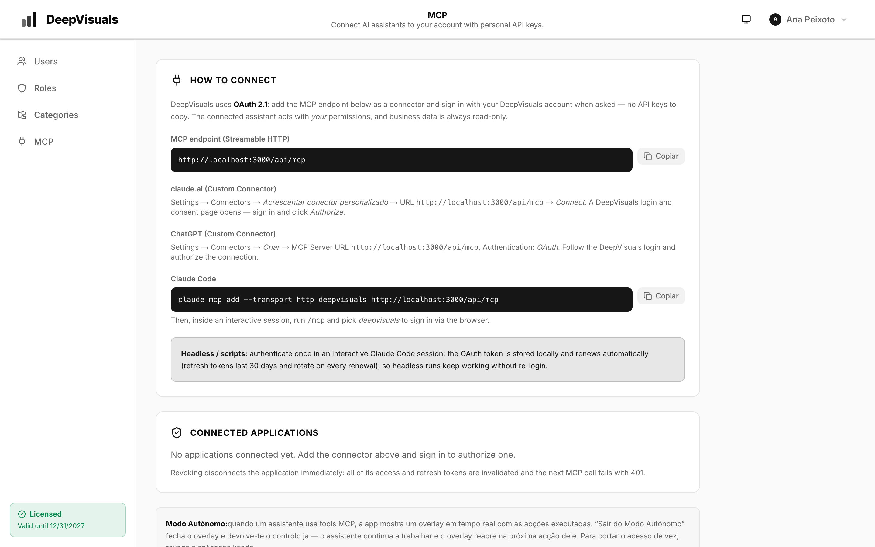 Página de ligação MCP nas definições