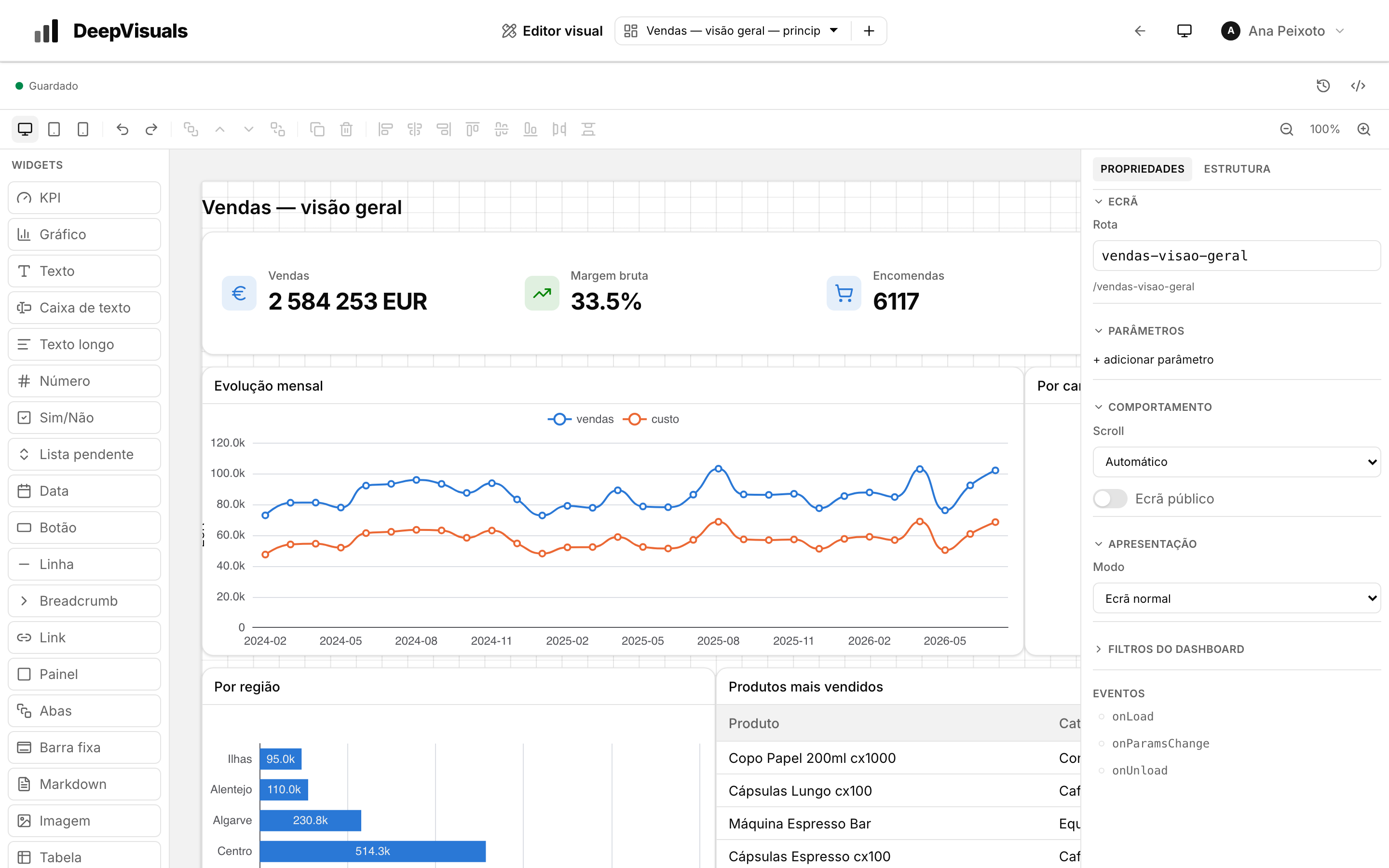 Editor visual com a palete à esquerda, a tela ao centro e o inspector à direita